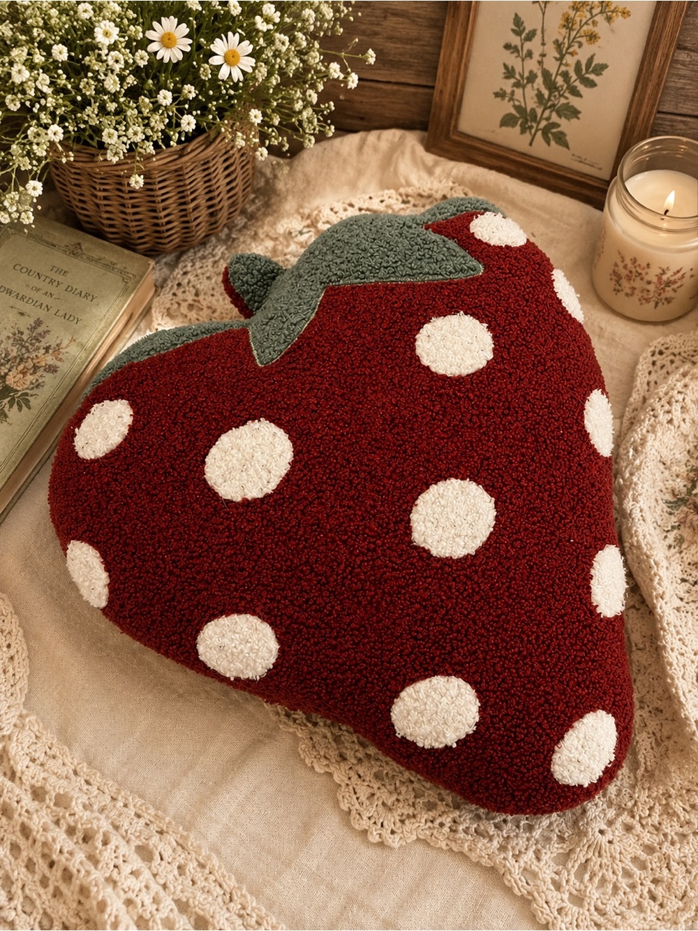 Plush Strawberry Polka Dot Throw Pillow - Red & White
